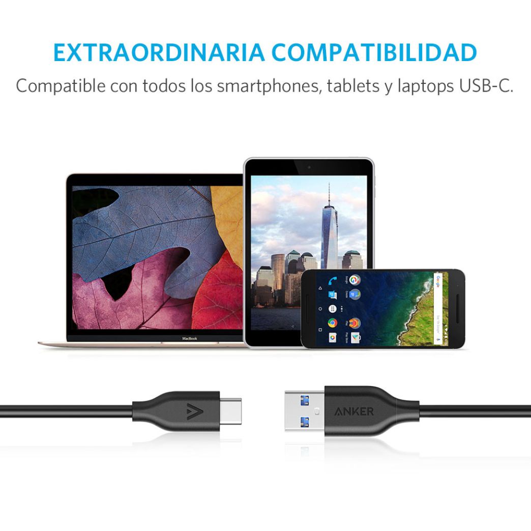 Cable USB-A a USB-C, material plástico, largo 0.9 metros, color Negro