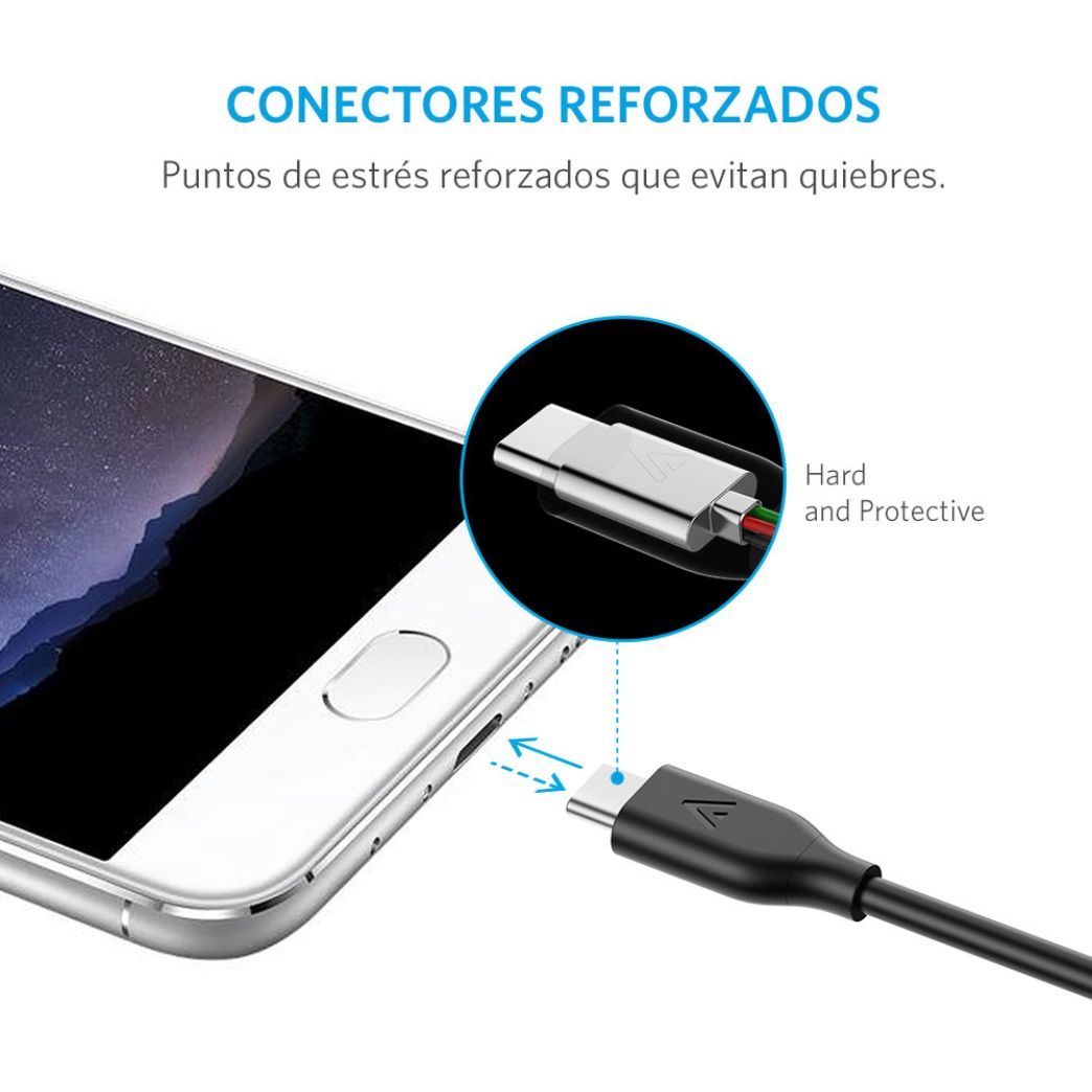 Cable USB-A a USB-C, material plástico, largo 0.9 metros, color Negro