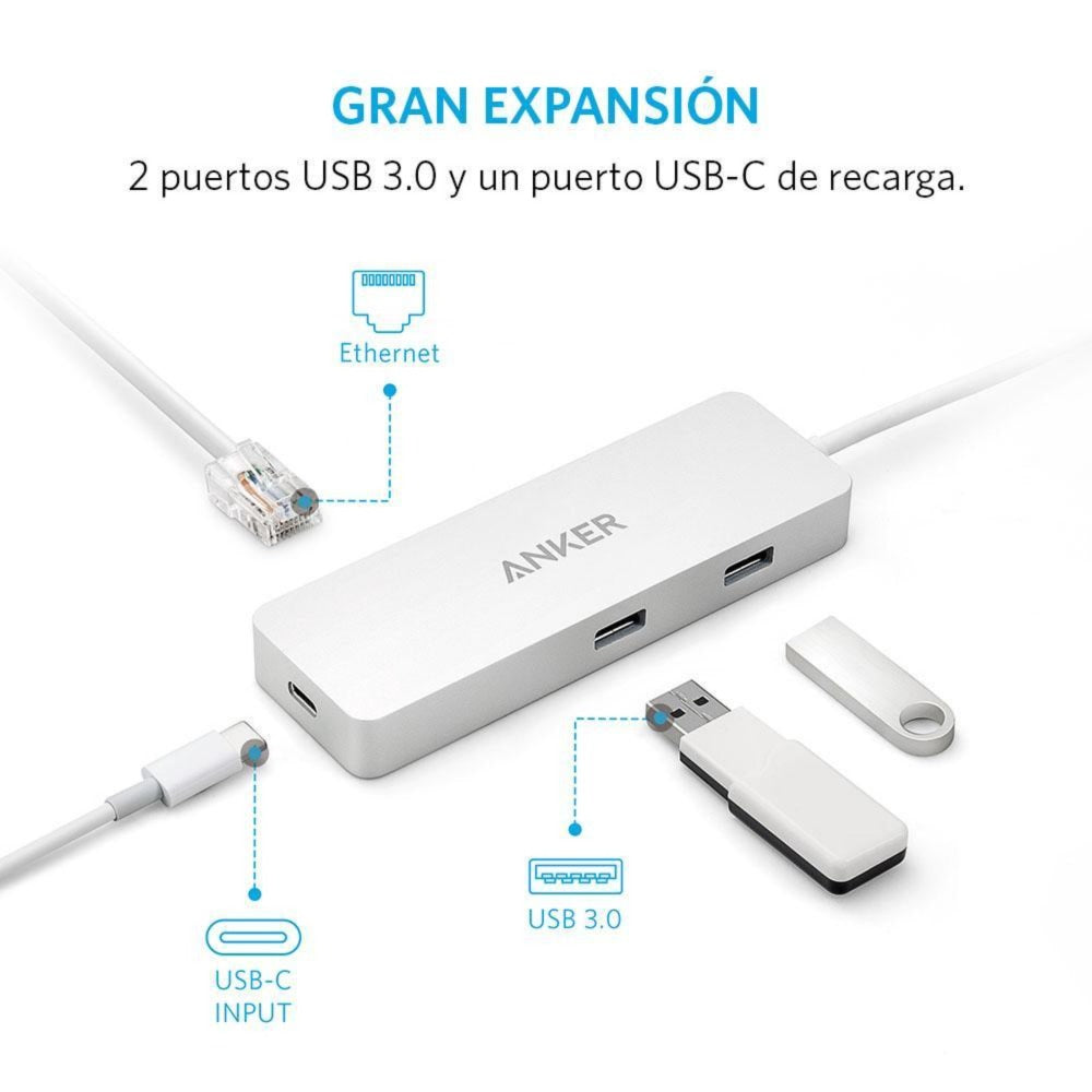 Adaptador Hub 4 puertos USB-C con Ethernet