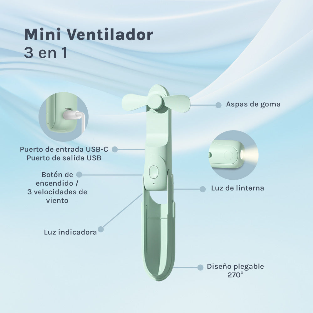 Mini Ventilador Recargable 3 en 1 Verde Claro Ozu