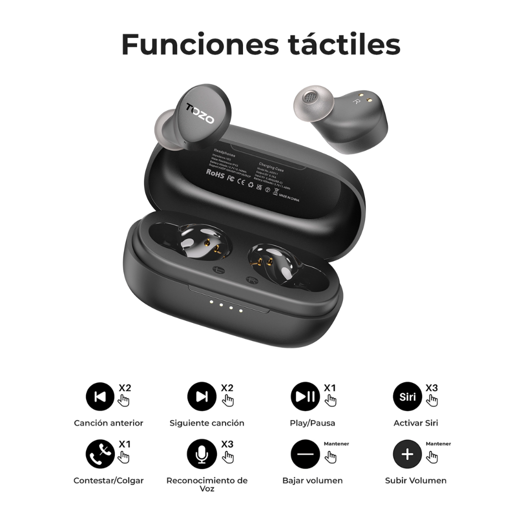 Audífonos True Wireless Earbuds Ultraligeros Negros Tozo