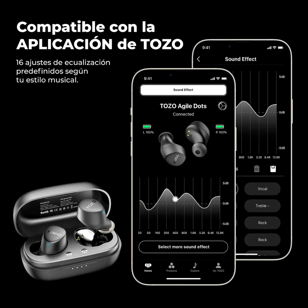 Audífonos True Wireless Earbuds Ultraligeros Negros Tozo
