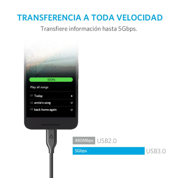 Cable USB-A a USB-C, material plástico, largo 0.9 metros, color Negro