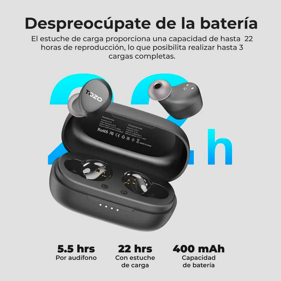 Audífonos True Wireless Earbuds Ultraligeros Negros Tozo